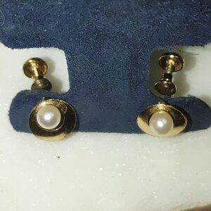 Real Pearl Yellow Gold Stamped Earrings Vintage 12K GF Screw Back